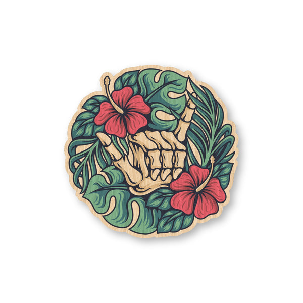 Skeleton Shaka Wreath bamboo sticker made in Hawaii