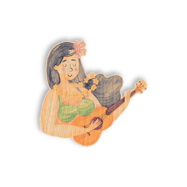 Wahine with Ukulele bamboo sticker made in Hawaii